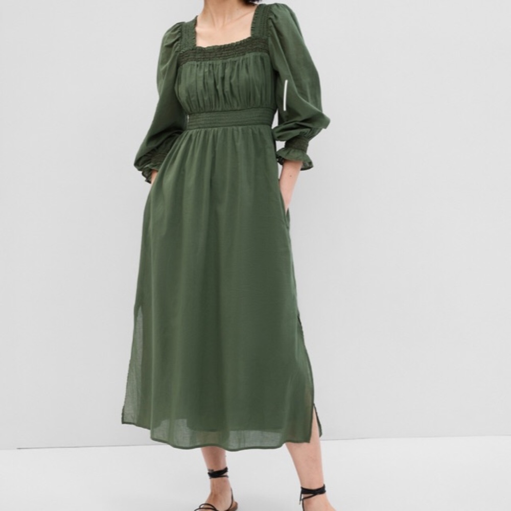 100% cotton Long Sleeve Maxi Dress deep Jungle Green comfy pockets flowy peasant